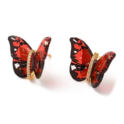 FireBrick Film Butterfly Stud Earrings with Cubic Zirconia, Real 18K Gold Plated Brass Earrings, Lead Free & Cadmium Free, FireBrick, 17x22~23mm