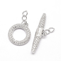 Real Platinum Plated Brass Micro Pave Cubic Zirconia Ring Toggle Clasps, Cadmium Free & Nickel Free & Lead Free, Real Platinum Plated, toggle: 16x14x2mm, Hole: 3x2mm, Bar: 6x26x4mm, Hole: 3x2mm.