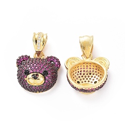 Magenta Brass Micro Pave Cubic Zirconia Pendants, Bear Head Charm, Real 18K Gold Plated, Magenta, 19x19x8mm, Hole: 5x8mm