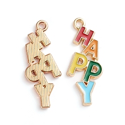 Colorful Alloy Enamel Pendants, with Word HAPPY, Light Gold, Colorful, 29x11.2x1.8mm, Hole: 1.6mm