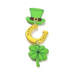 Lime Green Saint Patrick's Day Theme Acrylic Big Pendants, with Iron Finding, Hat Clover with Horseshoe, Lime Green, 73x24x2.5mm, Hole: 1.8mm