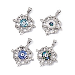 Mixed Color Natural Shell Pendants, Flat Round Charms with Evil Eye, Dyed, with Rack Plating Platinum Tone Brass Findings, Long-Lasting Plated, Mixed Color, 33x30x4mm, Hole: 6x4mm