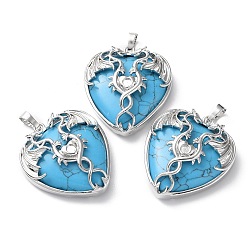 Synthetic Turquoise Synthetic Turquoise Heart Pendant Rhinestone Settings, Rack Plating Platinum Plated Brass Wings Charms, Long-Lasting Plated, Fit for 3mm Rhinestone, 37x33x10~11.5mm, Hole: 8x5mm