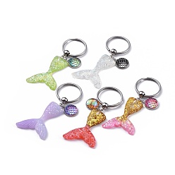 Mixed Color Resin Glitter Powder Keychain, with 316 Surgical Stainless Steel Split Key Rings, Mermaid Tail Shape & Flat Round with Mermaid Fish Scale, Mixed Color, 75mm