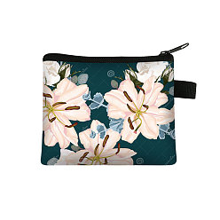 Teal Flower Pattern Cartoon Style Polyester Clutch Bags, Change Purse with Zipper & Key Ring, for Women, Rectangle, Teal, 13.5x11cm