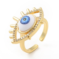 Blue Cubic Zirconia Sun with Evil Eye Open Cuff Ring with Enamel, Real 18K Gold Plated Brass Jewelry for Women, Cadmium Free & Lead Free, Blue, US Size 6(16.5mm)