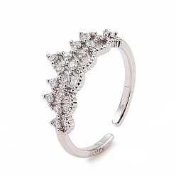 Platinum Clear Cubic Zirconia Crown Open Cuff Ring, Brass Jewelry for Women, Platinum, Inner Diameter: 17mm