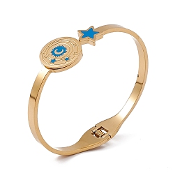 Golden Blue Enamel Moon & Star Hinged Bangle, Ion Plating(IP) 304 Stainless Steel Jewelry for Women, Golden, Inner Diameter: 2-3/8 inch(5.9cm)x1-7/8 inch(4.9cm)