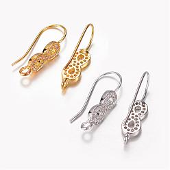 Mixed Color Brass Cubic Zirconia Earring Hooks, with Horizontal Loop, Infinity, Mixed Color, 24x6x1.5mm, Hole: 2mm, 21 Gauge, Pin: 0.7mm