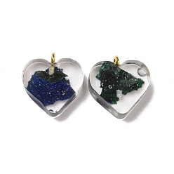 Dark Slate Blue Transparent Resin Natural Chalcopyrite Dyed Chips Pendants, with Golden Tone Brass Loops, Heart Charm, Dark Slate Blue, 16.5x15.5x6~6.5mm, Hole: 2mm