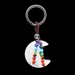 Quartz Crystal 7 Chakra Natural Quartz Crystal Moon Pendant Keychain, with Platinum Plated Alloy Key Rings and Gemstone Round Beads, 8.5cm