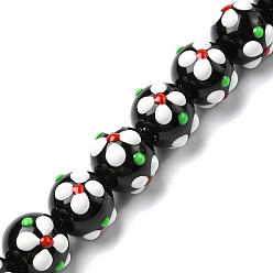Black Handmade Lampwork Beads Strands, with Enamel, Round with Flower, Black, 11x9.5mm, Hole: 1.4mm, about 36pcs/strand, 13.58''(34.5cm)