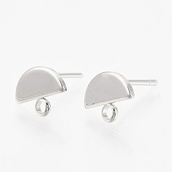 Platinum Brass Stud Earring Findings, with Loop and Flat Plate, Semicircle, Nickel Free, Real Platinum Plated, 8x10x1mm, Hole: 1.5mm, Pin: 0.8mm