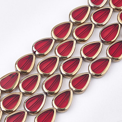 Red Electroplate Glass Beads Strands, Edge Plated, Teardrop, Red, 16.5x11.5x5mm, Hole: 1mm, about 20pcs/strand, 12.9 inch