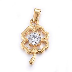 Golden 304 Stainless Steel Pendants, with Cubic Zirconia, Clover, Clear, Golden, 22x13x4mm, Hole: 5x2.5mm