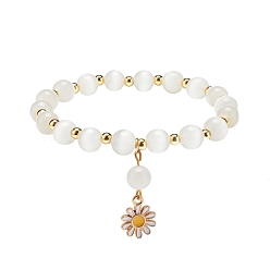 Blanc Bracelet extensible en perles œil de chat avec breloque marguerite en alliage d'émail pour femme, blanc, diamètre intérieur: 2-3/8 pouce (5.9 cm)