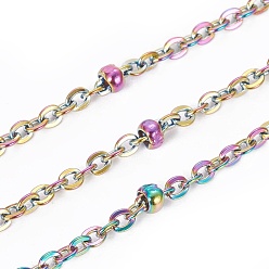Rainbow Color Ion Plating(IP) 304 Stainless Steel Cable Chains, Satellite Chains, with Spool and Beads, Soldered, Rainbow Color, 2.5x1.5~2.5x0.5mm, 2.5x2.5x1.5mm, about 32.8 Feet(10m)/roll