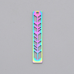 Rainbow Color Ионное покрытие (ip) 201 подвески из нержавеющей стали, лазерная резка, прямоугольник со стрелкой, Радуга цветов, 35x6x1 мм, отверстие : 1.5 мм