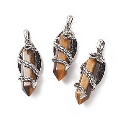Tiger Eye Natural Tiger Eye Pointed Pendants, Faceted Bullet Charms with Antique Silver Tone Alloy Dragon Wrapped, 47.5x19x18.5mm, Hole: 7.5x6mm