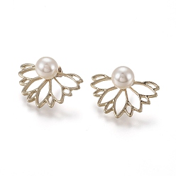 Golden Alloy Stud Earrings, Front Back Stud Earrings, with Plastic Imitation Pearl Beads and Ear Nuts, Flower, Golden, 16x24.5x1.5mm, Pin: 0.8mm