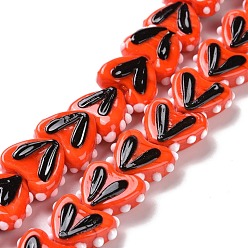 Orange Red Heart Handmade Lampwork Beads Strands, Orange Red, 14~14.5x16.5~17x6.5~7mm, Hole: 1.5mm, about 30pcs/strand, 14.96~15.16 inch(38~38.5cm)