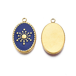 Prussian Blue 304 Stainless Steel Enamel Pendants, Real 18K Gold Plated, Oval with Sun, Prussian Blue, 23x14.5x3mm, Hole: 2mm