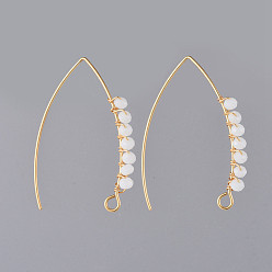 White 304 Stainless Steel Earring Hooks, with Faceted Rondelle Glass Beads and Horizontal Loop, Golden, White, 40x28x3mm, Hole: 3x2mm, 20 Gauge, Pin: 0.8mm