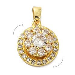 Clear Brass Micro Pave Cubic Zirconia Pendants, Rotatable, Flat Round, Golden, Clear, 14.5x13x7mm, Hole: 4x3mm