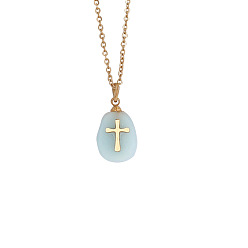 Jade Natural Jade Oval with Cross Pendant Necklace, Stainless Steel Jewelry for Women, Golden, 15.75 inch(40cm)
