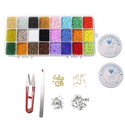 Mixed Color DIY Bracelets Making Kits, include 8/0 Glass Seed Beads, Iron & Alloy Spacer Beads, Elastic Crystal Thread, & Scissors & Tweezers & Lobster Claw Clasps, Mixed Color, Seed Glass: 3mm, Hole: 1mm, 24 colors, 450pcs/color, 10800pcs
