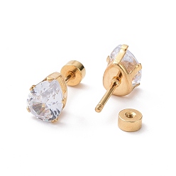 Golden 304 Stainless Steel Earlobe Plugs, Screw Back Earrings, with Rhinestone, teardrop, Crystal, Golden, 14mm, Drop: 8.5x6x5mm, Pin: 1mm