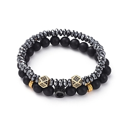 Gunmetal & Golden Stretch Bracelet Sets, Non-magnetic Synthetic Hematite Beaded Bracelets & Natural Black Agate(Dyed) Beaded Bracelet, with Brass Cubic Zirconia Beads & Spacer Beads and Jewelry Box, Gunmetal & Golden, 1-7/8 inch(49mm), 2-1/8 inch(54mm), 2pcs/set