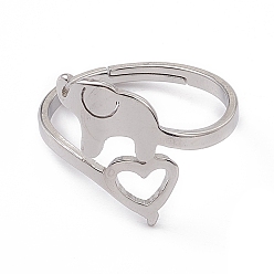 Stainless Steel Color 201 Stainless Steel Elephant with Heart Adjustable Ring for Women, Stainless Steel Color, US Size 6 1/4(16.7mm)