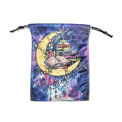 Moon Double Face Printed Velvet Storage Bags, Drawstring Pouches Tarot Cards Packaging Bag, Rectangle, Moon, 17.9x13cm