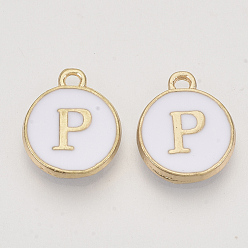 Letter P Golden Plated Enamel Alloy Charms, Enamelled Sequins, Flat Round, White, Letter.P, 14x12x2mm, Hole: 1.5mm, 100pcs/Box