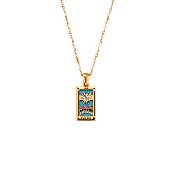 Golden Rhinestone Tarot Card Pendant Necklace with Enamel, Golden Stainless Steel Jewelry for Women, The Sun XIX, 19.69 inch(50cm)