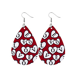 Letter Red Imitation Leather Teardrop Dangle Earrings for Valentine's Day, Letter Pattern, 80x40mm