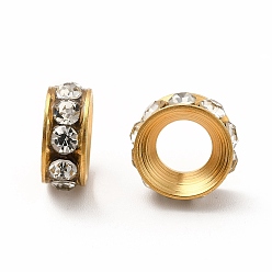 Real 18K Gold Plated 201 Stainless Steel Crystal Rhinestone Spacer Beads, Donut, Real 18K Gold Plated, 11x4.5mm, Hole: 5.5mm