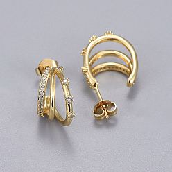 Clear Brass Micro Pave Cubic Zirconia Stud Earrings, Half Hoop Earrings, Split Earrings, with Ear Nut, Long-Lasting Plated, Real 18K Gold Plated, Clear, 14.5x8mm, Pin: 0.8mm