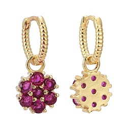 Real 18K Gold Plated Brass Micro Pave Cubic Zirconia Huggie Hoop Earrings, Long-Lasting Plated, Flower, Deep Pink, Real 18K Gold Plated, 24mm, Pin: 0.8mm