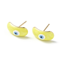 Champagne Yellow Enamel Curved Oval with Evil Eye Stud Earrings, Real 18K Gold Plated Brass Jewelry for Women, Champagne Yellow, 7.5x15.5mm, Pin: 0.8mm