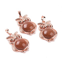 Goldstone  Synthetic Goldstone Pendants, Owl Charms, with Rose Gold Tone Rack Plating Brass Findings, 35x23.5x8~9mm, Hole: 8x5mm