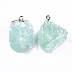 Fluorite Natural Green Fluorite Pendants, Rough Raw Stone, with 304 Stainless Steel Loops, Nuggets, 25~45x20~31x10~20mm, Hole: 2mm