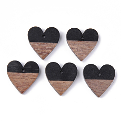 Black Resin & Walnut Wood Pendants, Heart, Black, 18x17.5x3.5~4mm, Hole: 1.5mm