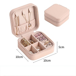 Pink Caja cuadrada con cremallera organizadora de joyería de cuero pu, joyero de viaje portátil para pendientes, Anillos, , rosa, 10x10x5 cm