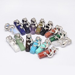 Mixed Stone Column Natural & Synthetic Mixed Stone Pendants, with Platinum Tone Lizard Alloy Findings, 41x14x16mm, Hole: 7x5mm