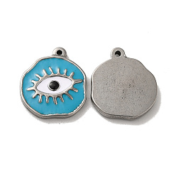 Turquoise 304 Stainless Steel Charms, with Enamel, Flat Round with Evil Eye, Stainless Steel Color, Turquoise, 21x18.5x2.5mm, Hole: 1.4mm