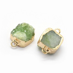 Vert Jaune Connecteurs de liens de quartz druzy naturel, avec les accessoires en laiton, carrée, or, vert jaune, 14~18x9~10x6~8mm, Trou: 2mm