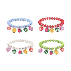Mixed Color Polymer Clay & Plastic Beaded Stretch Bracelet with Fruit Charms for Women, Mixed Color, Inner Diameter: 2-1/8 inch(5.5cm)