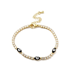 Black Enamel Horse Eye Link Bracelet with Clear Cubic Zirconia Tennis Chains, Gold Plated Brass Jewelry for Women, Cadmium Free & Lead Free, Black, 7 inch(17.7cm)